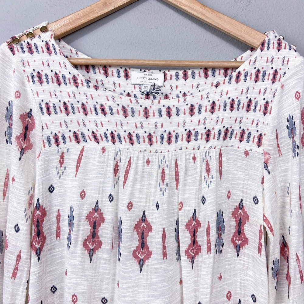 Lucky Brand Knit Peasant Top Sz S Button Shoulder Ivory Cream Boho Southwestern - Picture 3 of 14